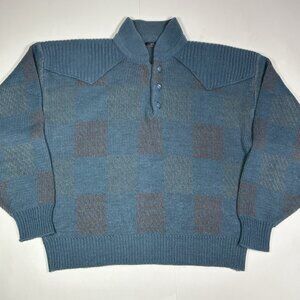 Vtg White Horse Men Plaid Blue Red Yellow Western Sweater Buttons Acrylic Sz M